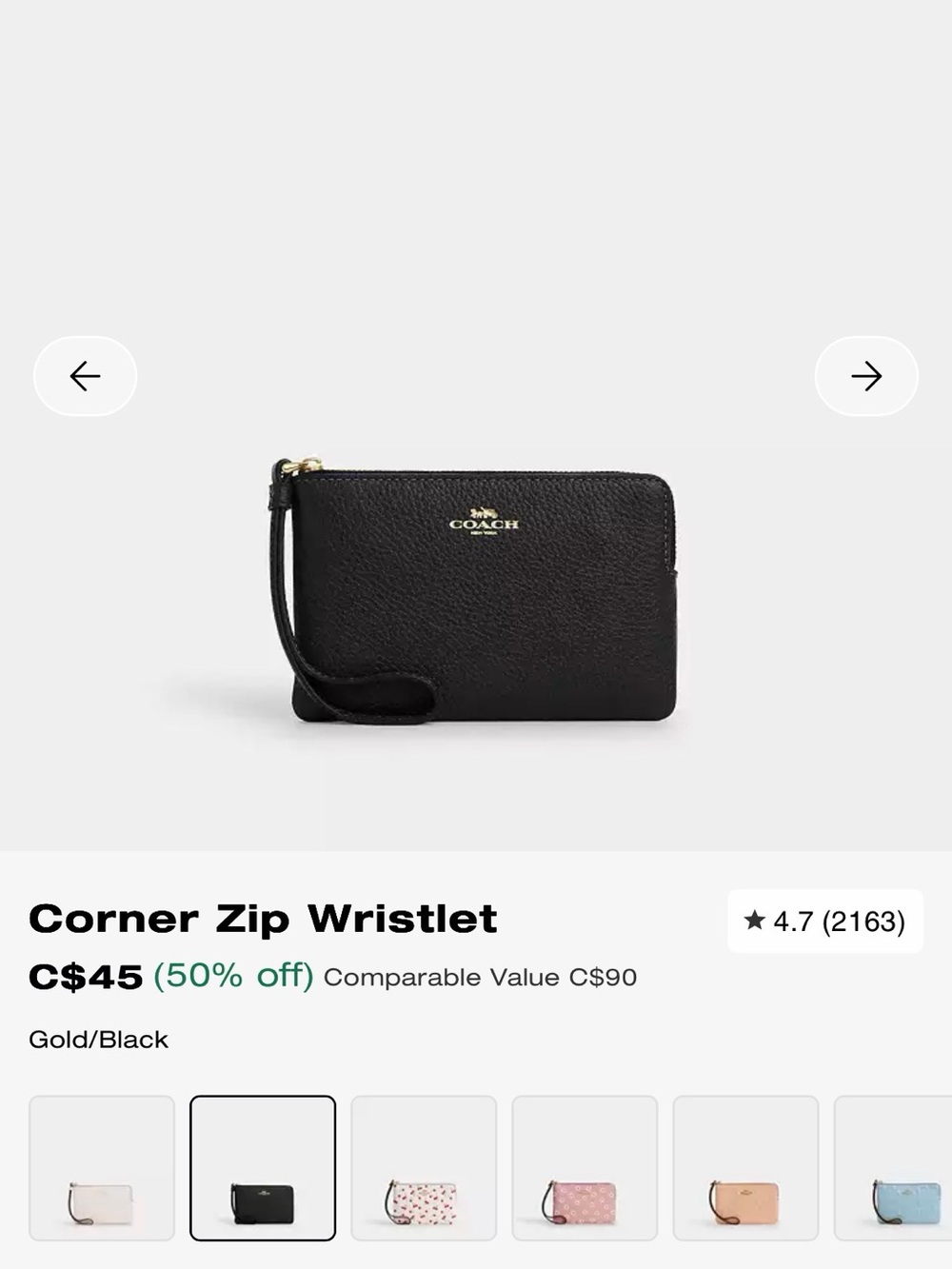Coach Black Pebbled Leather Zip Wristlet with Gold Logo